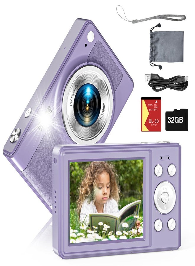 Fleafer Upgrade Kids Camera, 56MP FHD 1080P with 16x Zoom, Anti Shake, 32GB TF Card, Two Batteries, Lanyard - Compact Small Camera for Kids Boys Girls (Purple) - Image 1